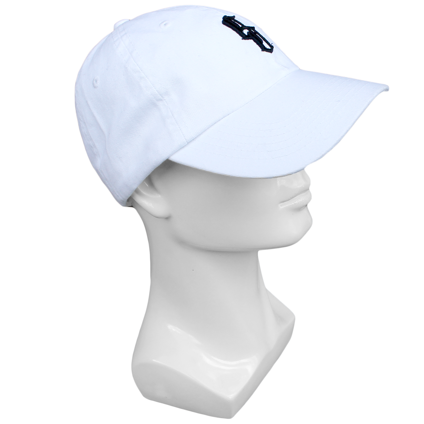 plain white baseball cap with black embroidery