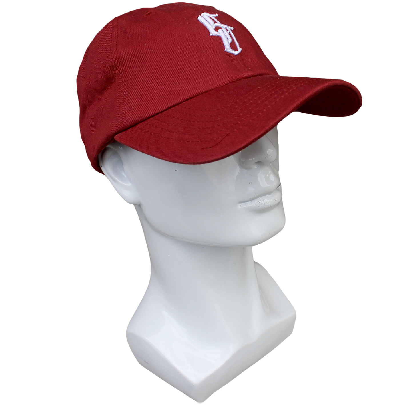plain maroon baseball cap with white embroidery 